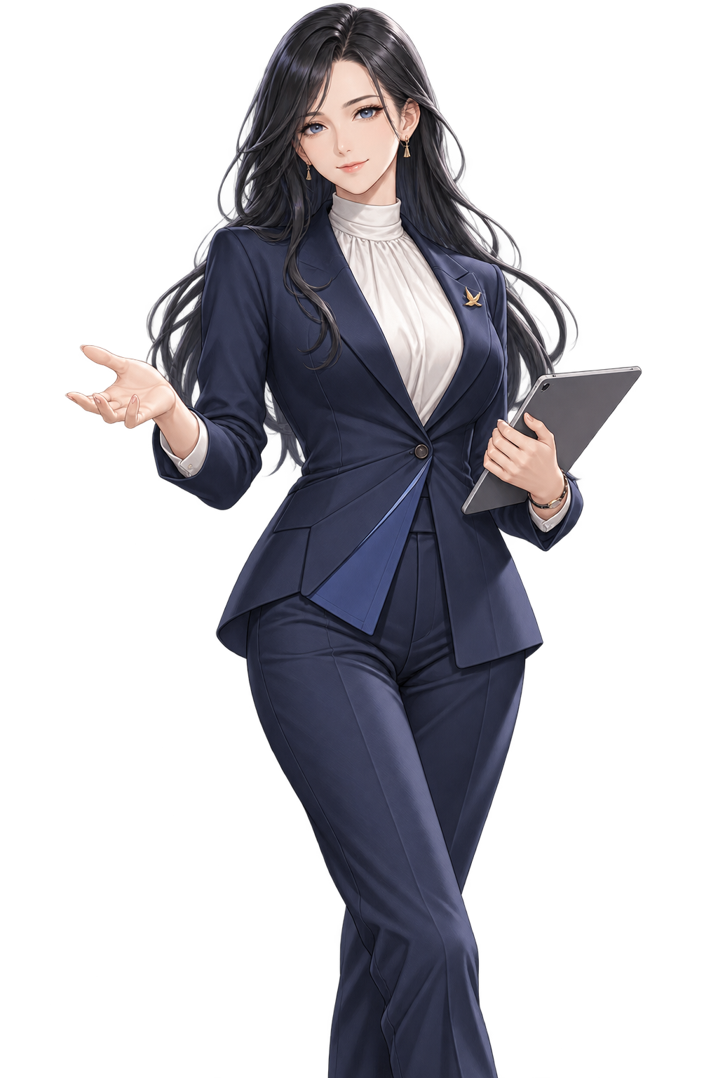タブレットを手に一緒に考える女性キャラクター