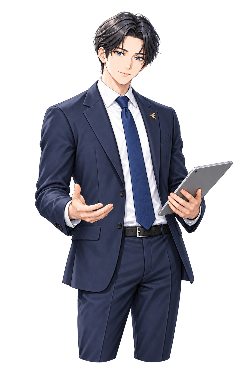 落ち着いた表情で提案を説明する男性キャラクター